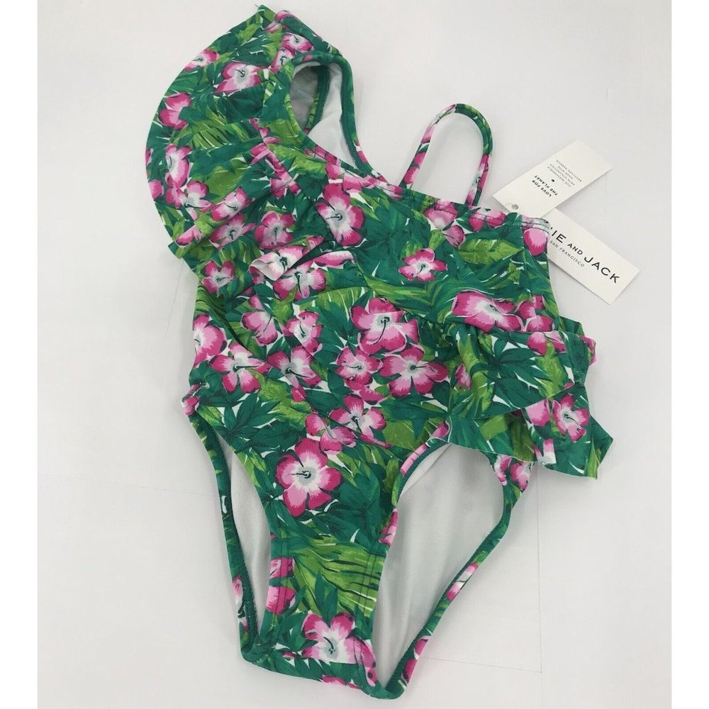 Janie And‎ Jack One Piece Bathing Suit Size 2T Floral Hawaiian Green Pink Ruffle